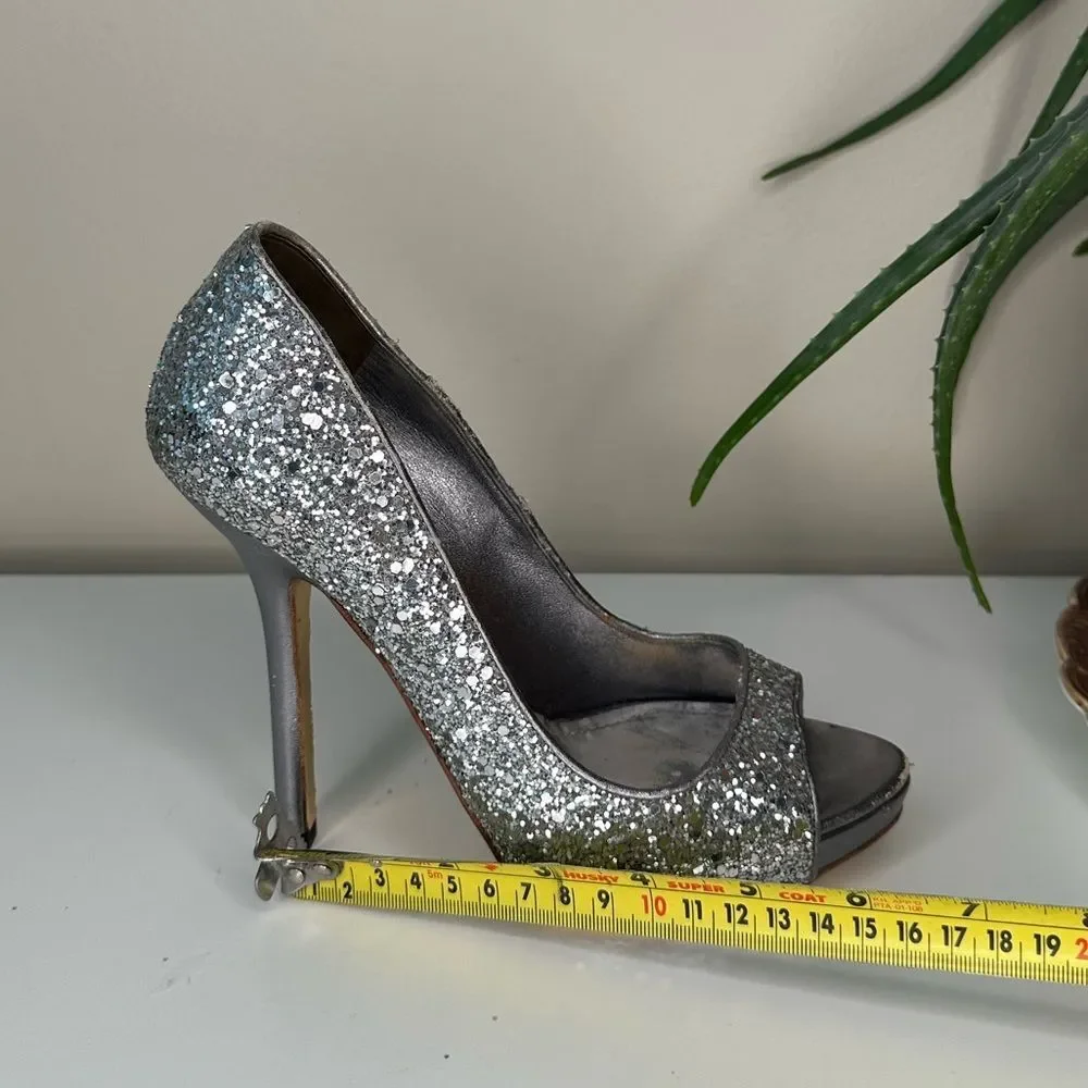 ✨ Miu Miu Silver Glitter Peep-Toe Heels 36.5 (US 6.5) Designer Party Shoes Italy - Picture 11 of 13